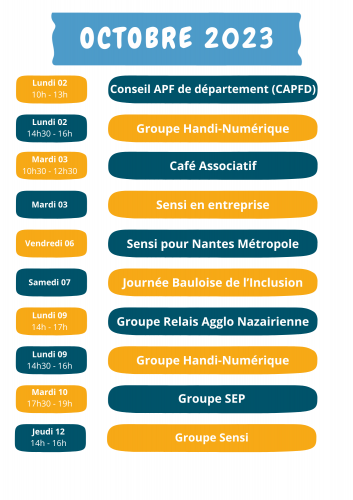 calendrier associatif du mois d'octobre 2023 de la Délégation APF France handicap de Loire Atlantique